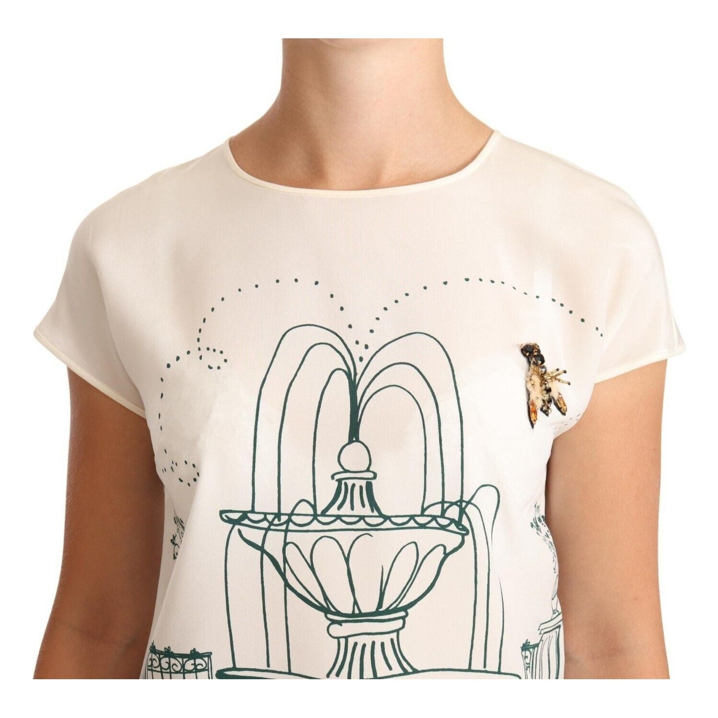 Dolce & Gabbana White Silk Garden Fountain T-Shirt Blouse Blouse Top