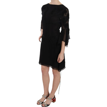 John Richmond Black Sequined Silk Mini Shift Gown