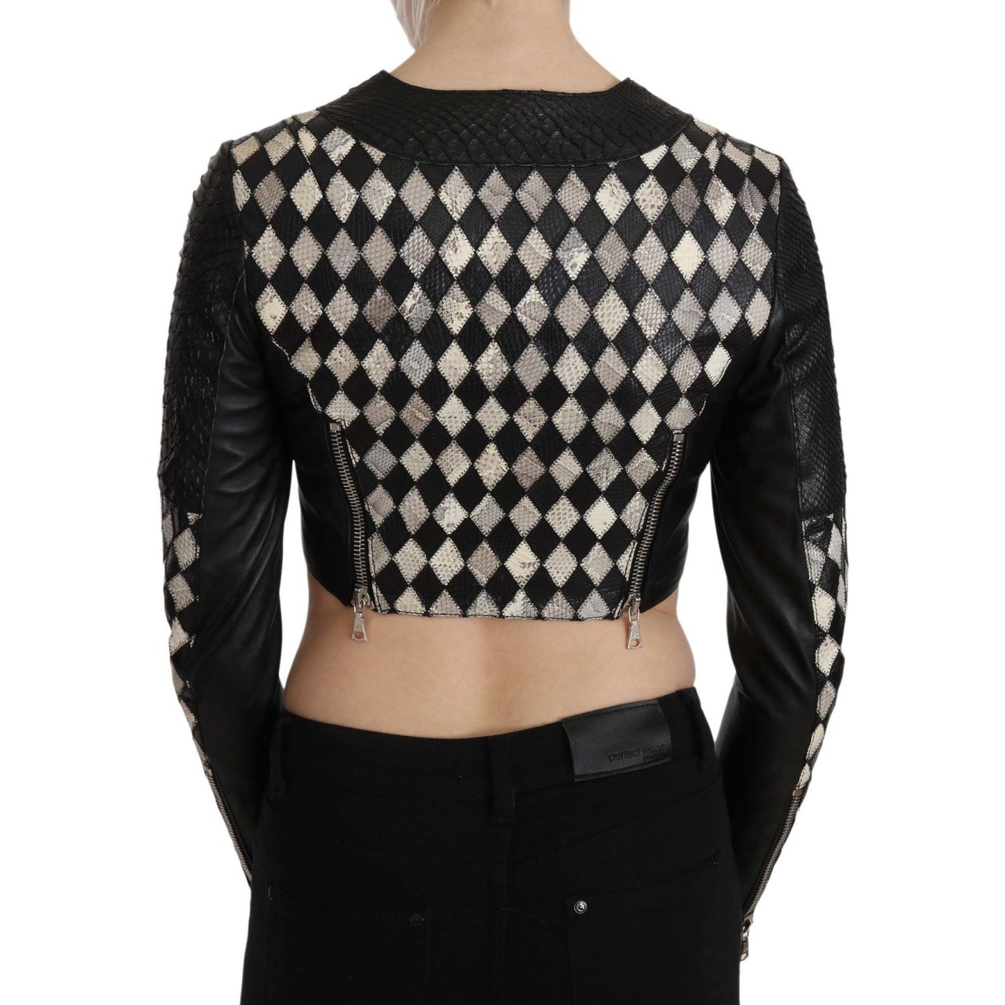 John Richmond Black White Leather Short Cropped Biker Jacket Coat
