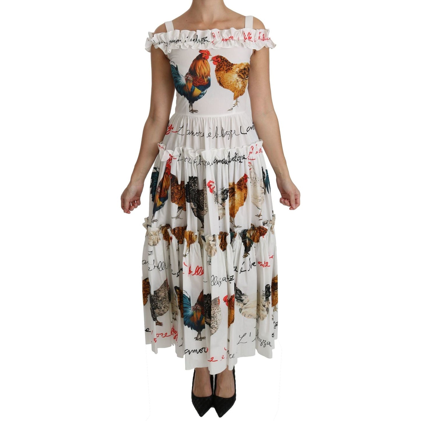 Dolce & Gabbana Elegant White Rooster Print Sheath Midi Dress Dolce & Gabbana