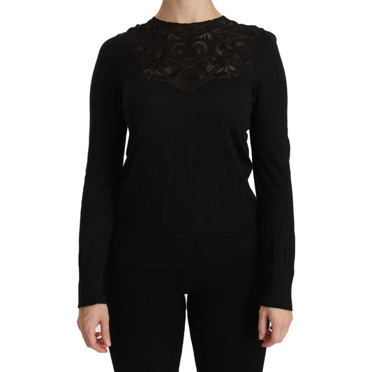 Dolce & Gabbana Black Silk Lace Crew Neck Long Sleeve Blouse