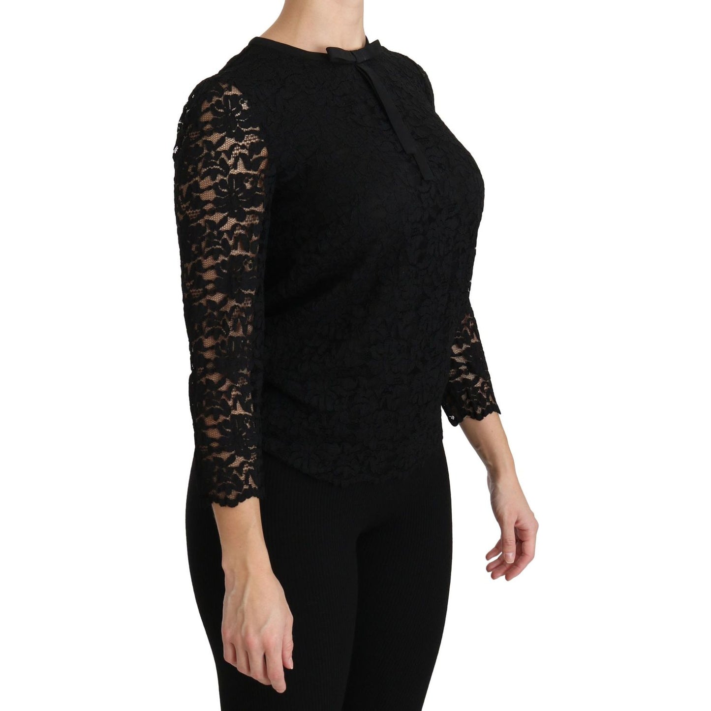 Dolce & Gabbana Elegant Black Lace Crew Neck Blouse Dolce & Gabbana