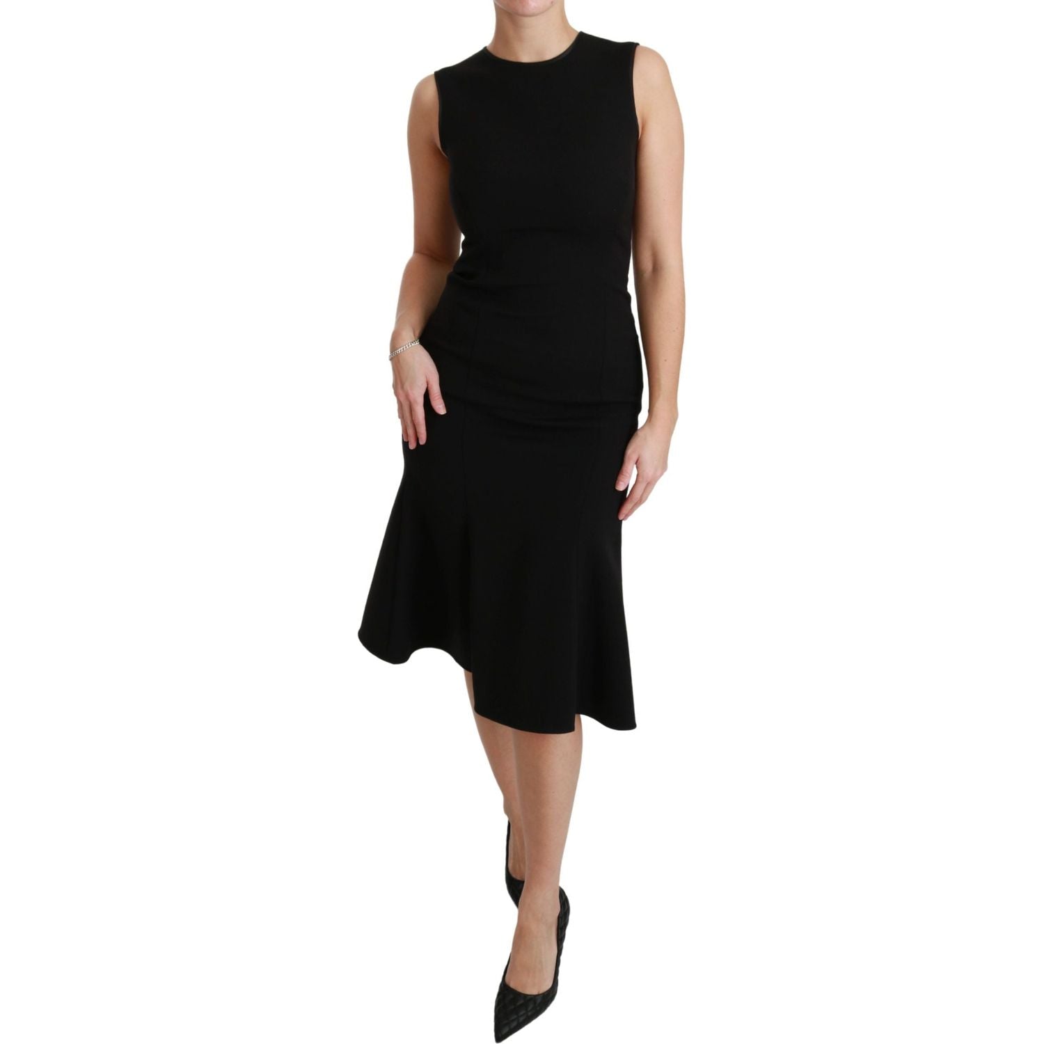 Dolce & Gabbana Black Fit Flare Wool Stretch Sheath Dress