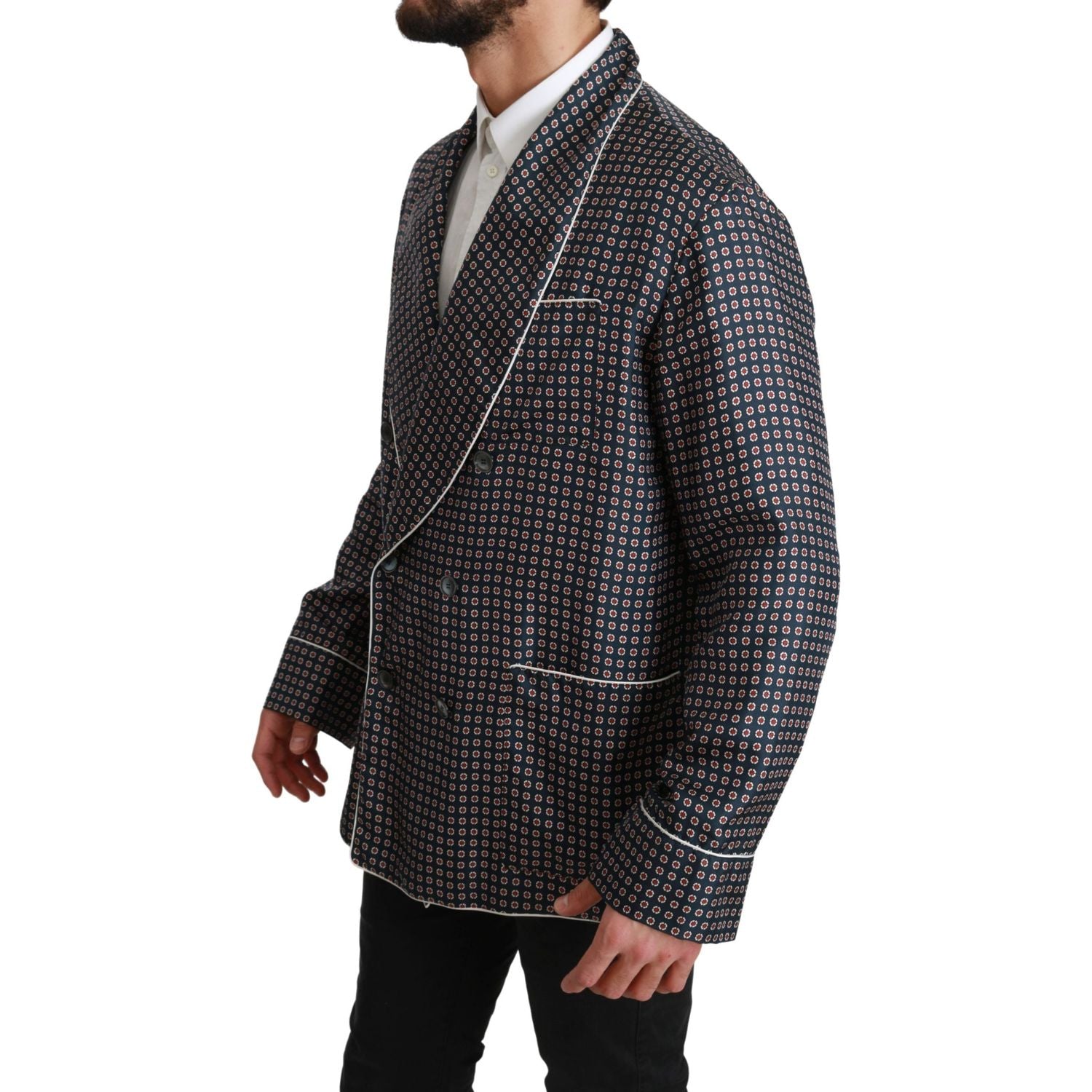 معطف دولتشي آند غابانا الأنيق ذو الصدر المزدوج من الحرير باللون الأزرق الداكن