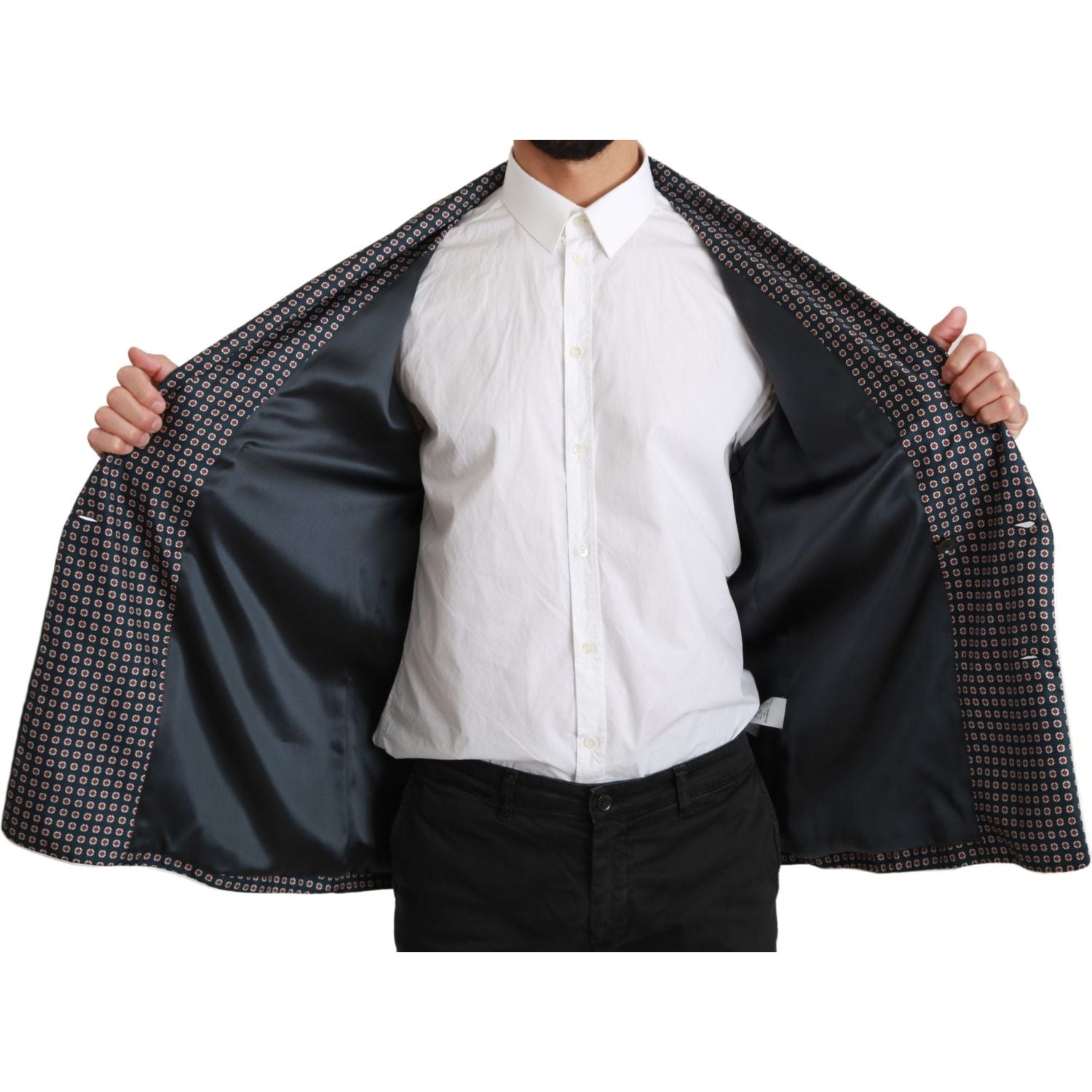 معطف دولتشي آند غابانا الأنيق ذو الصدر المزدوج من الحرير باللون الأزرق الداكن