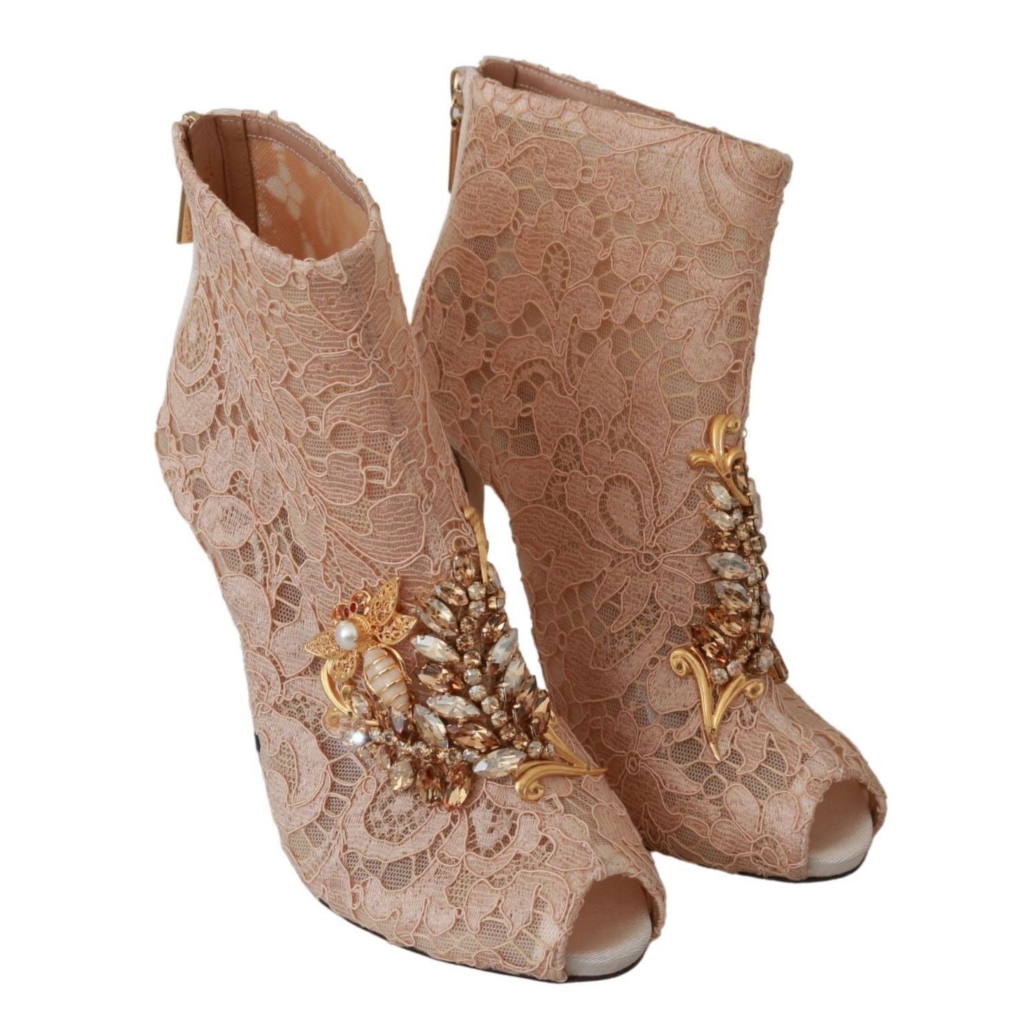 Dolce & Gabbana Pink Crystal Lace Booties Stilettos Shoes