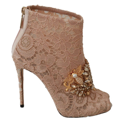 Dolce & Gabbana Pink Crystal Lace Booties Stilettos Shoes