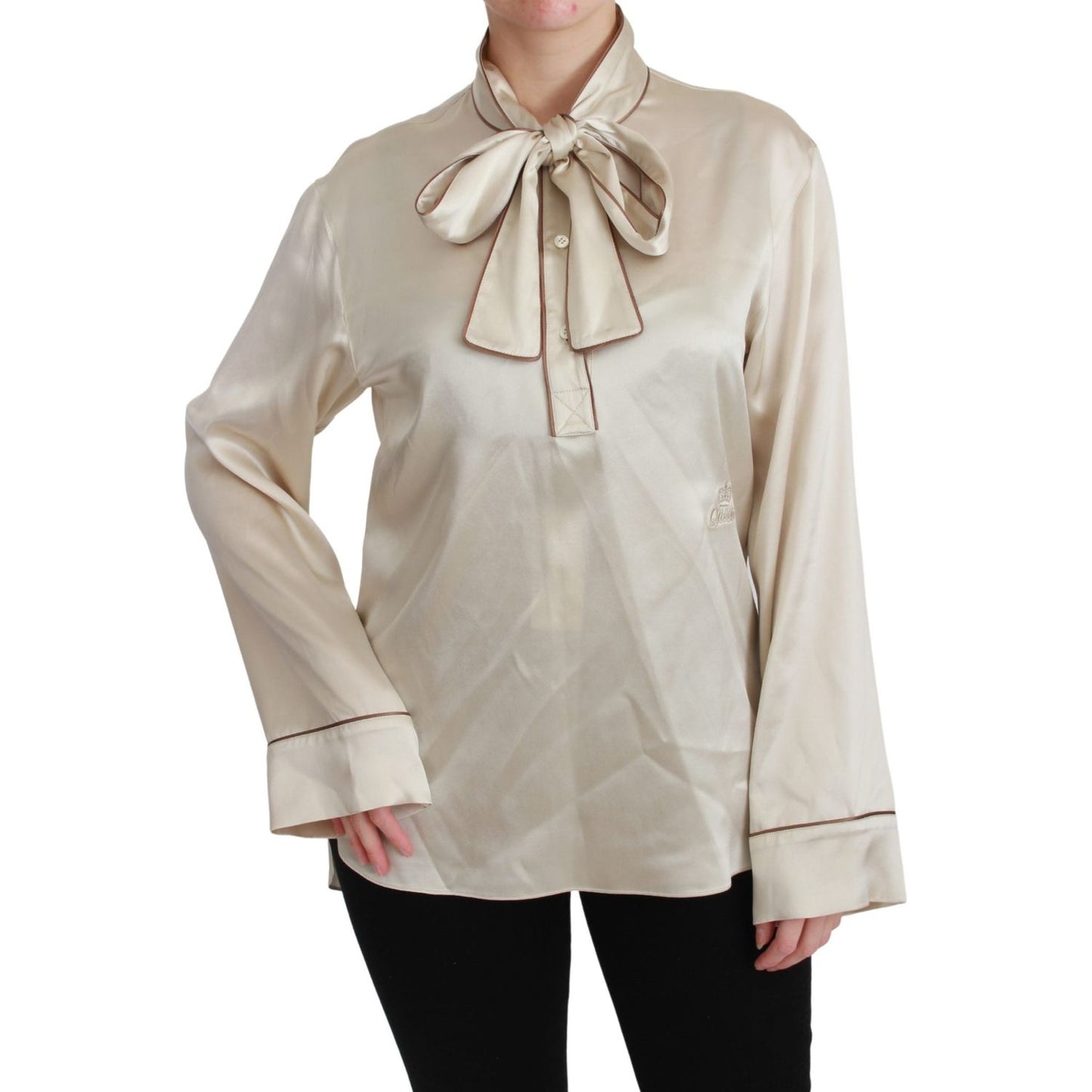 Dolce & Gabbana Elegant Beige Silk Satin Blouse with QUEEN Embroidery Dolce & Gabbana