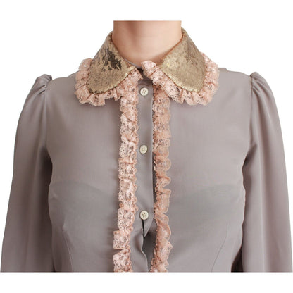 Dolce & Gabbana Gray Silk Gold Sequin Lace Blouse Shirt