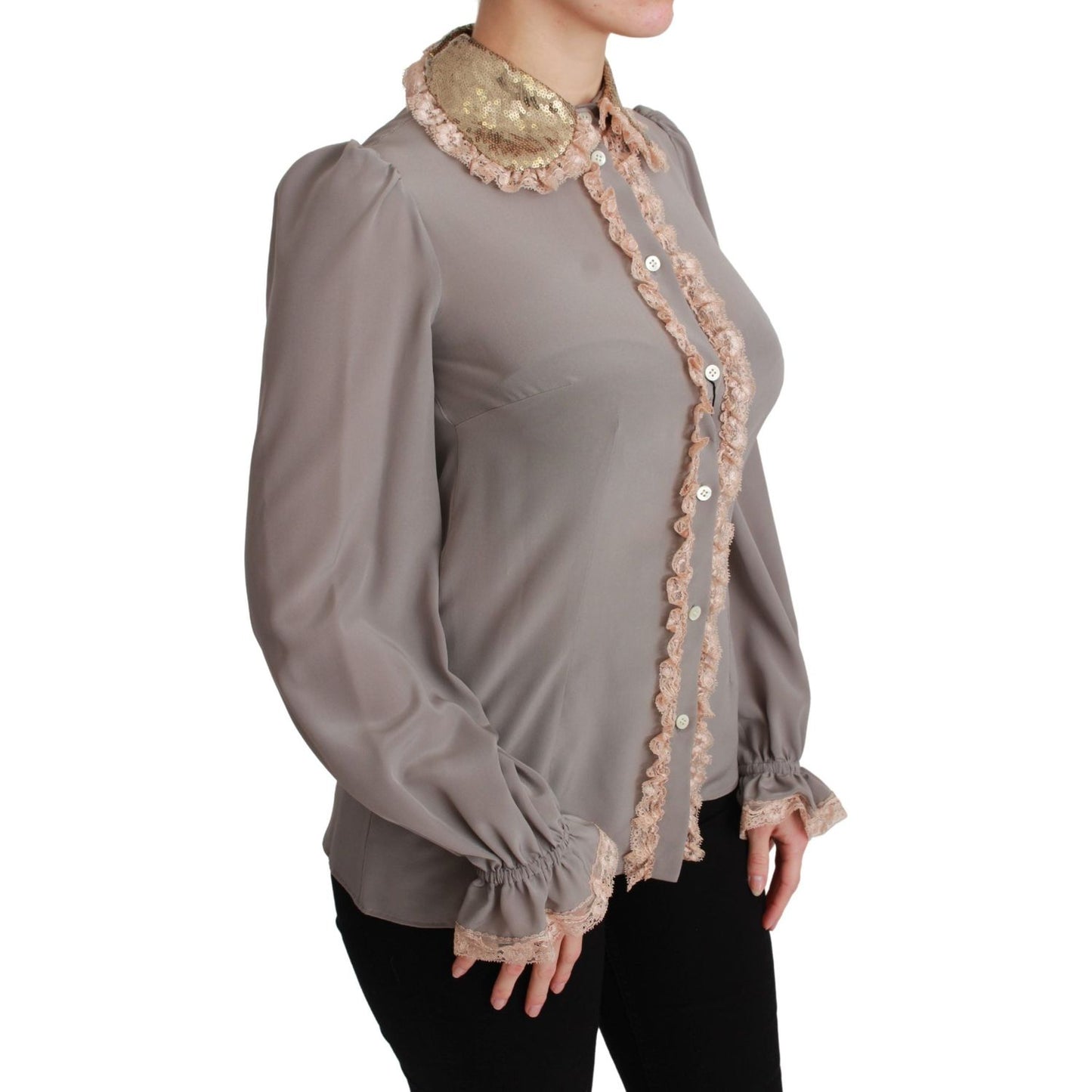 Dolce & Gabbana Gray Silk Gold Sequin Lace Blouse Shirt