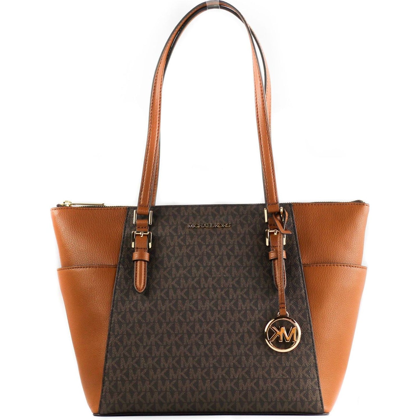 Michael Kors Charlotte Signature Leather Large Top Zip Tote Handbag Bag (Brown) Michael Kors