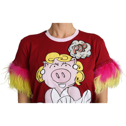 Dolce & Gabbana Red Pig Print Feather Sleeves T-shirt Top