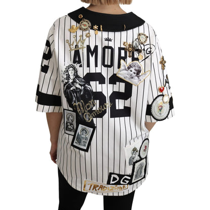 Dolce & Gabbana White and black Blouse Cotton Crystal Charms Amore Shirt