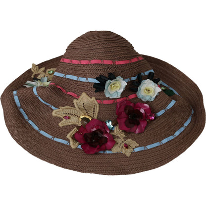 Dolce & Gabbana Brown Floral Wide Brim Straw Floppy Cap Hat