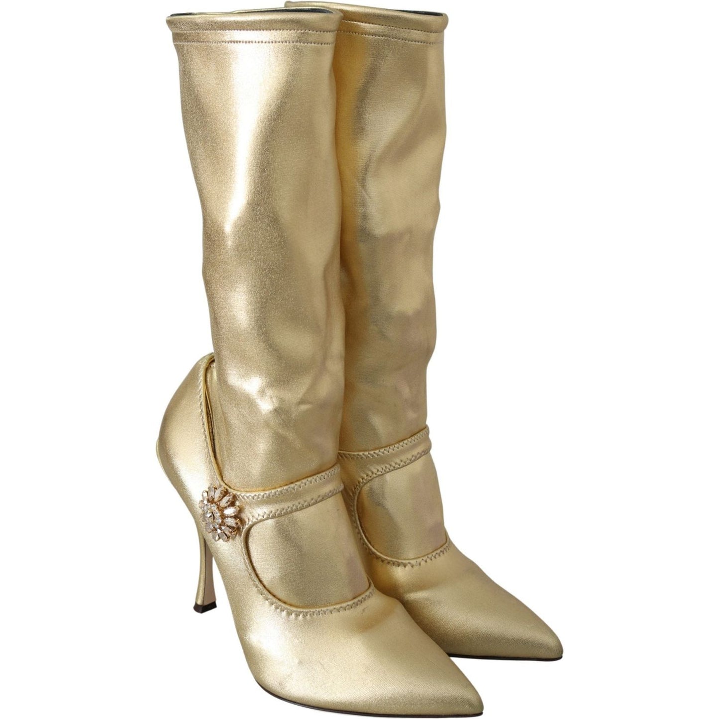 Dolce & Gabbana Elegant Gold Ankle Boots Socks with Rhinestones