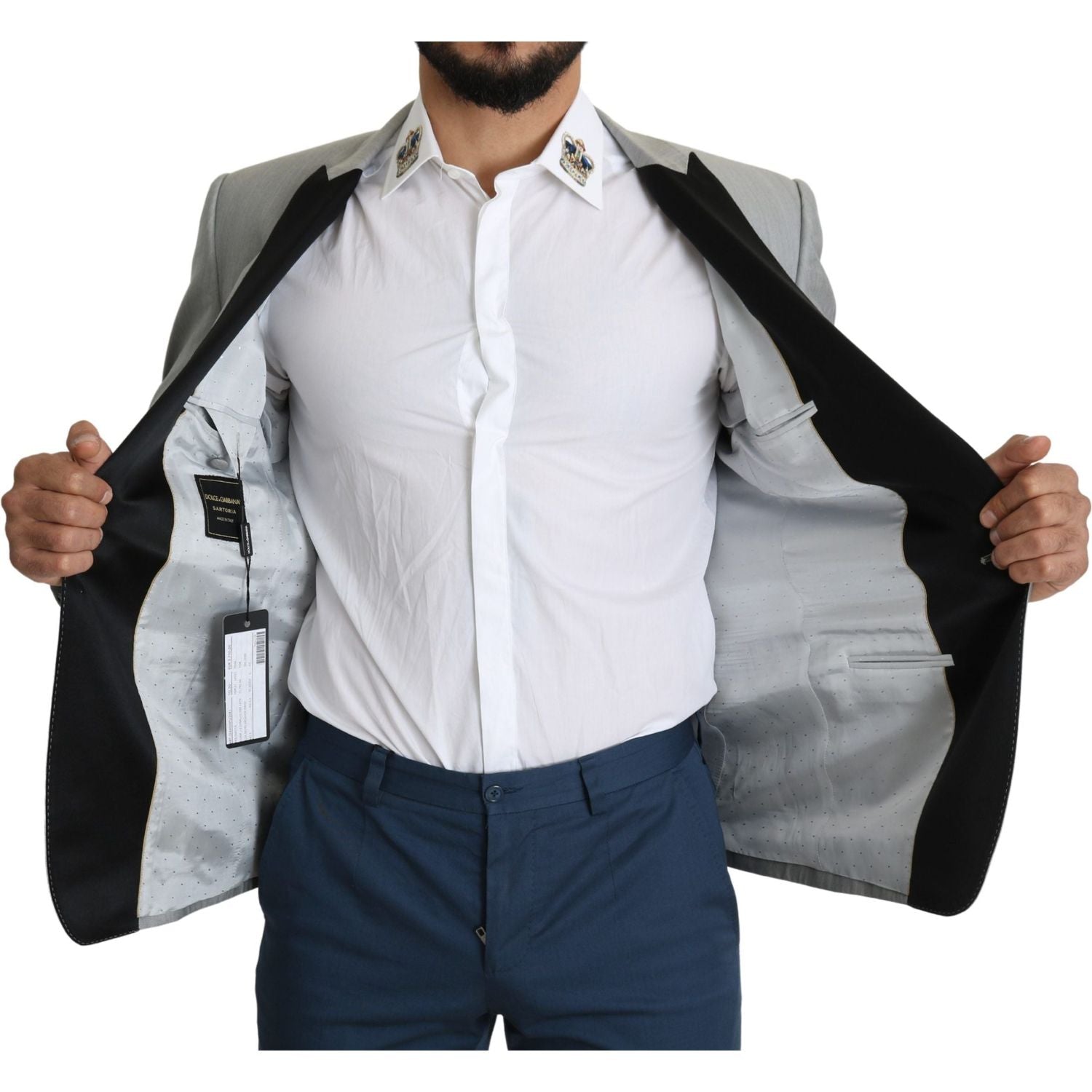 سترة أنيقة من مزيج الحرير باللون الرمادي الفاتح من دولتشي آند غابانا