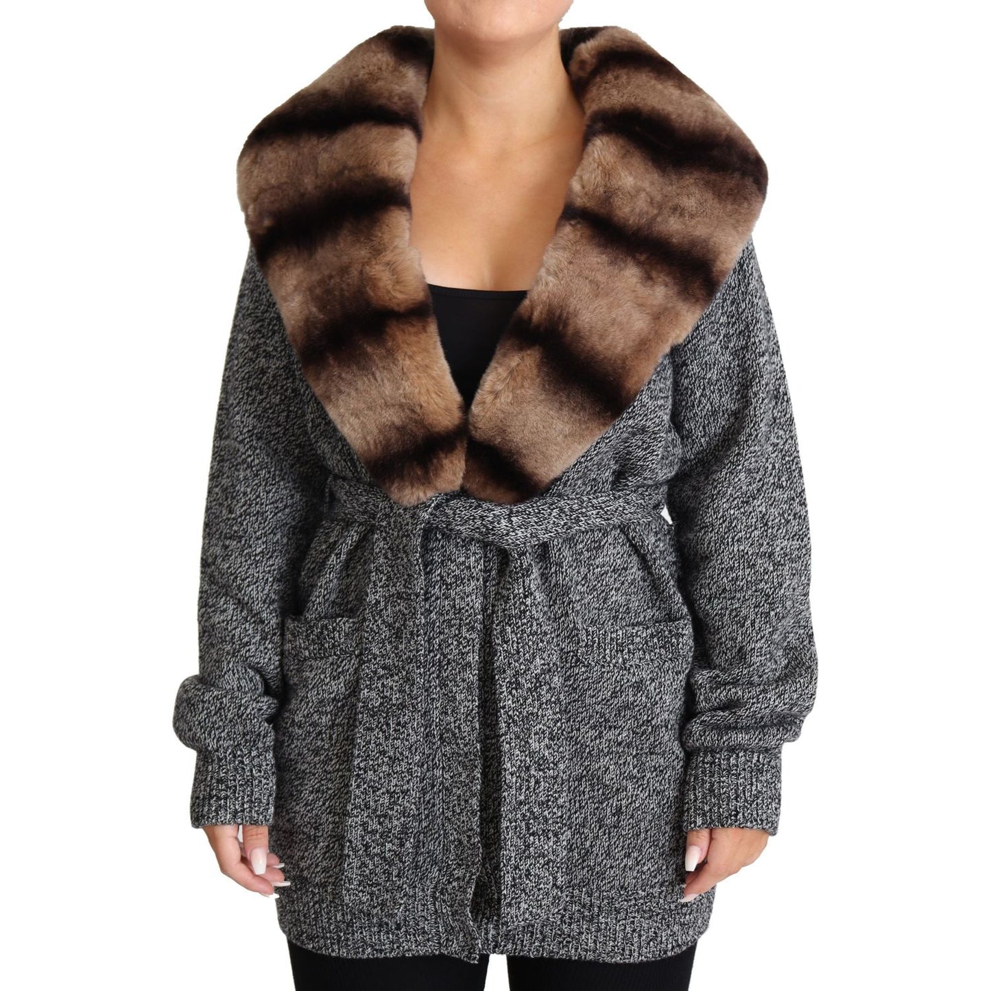 Dolce & Gabbana Elegant Cashmere Cardigan with Rabbit Fur Collar Dolce & Gabbana