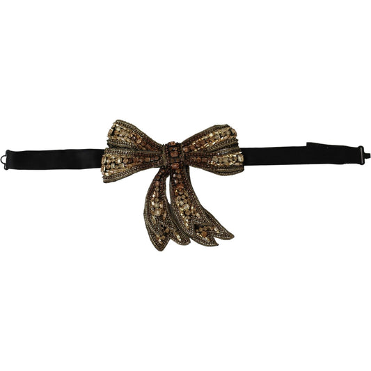 Dolce & Gabbana Gold Tone Silk Rhinestone Embellished Women Bowtie Dolce & Gabbana
