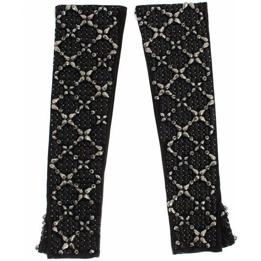 Dolce & Gabbana Black Leather Crystal Beaded Finger Free Gloves Dolce & Gabbana
