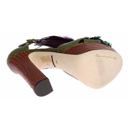 Dolce & Gabbana Green Leather Crystal Platform Sandal Shoes