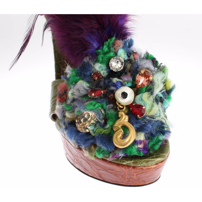 Dolce & Gabbana Green Leather Crystal Platform Sandal Shoes