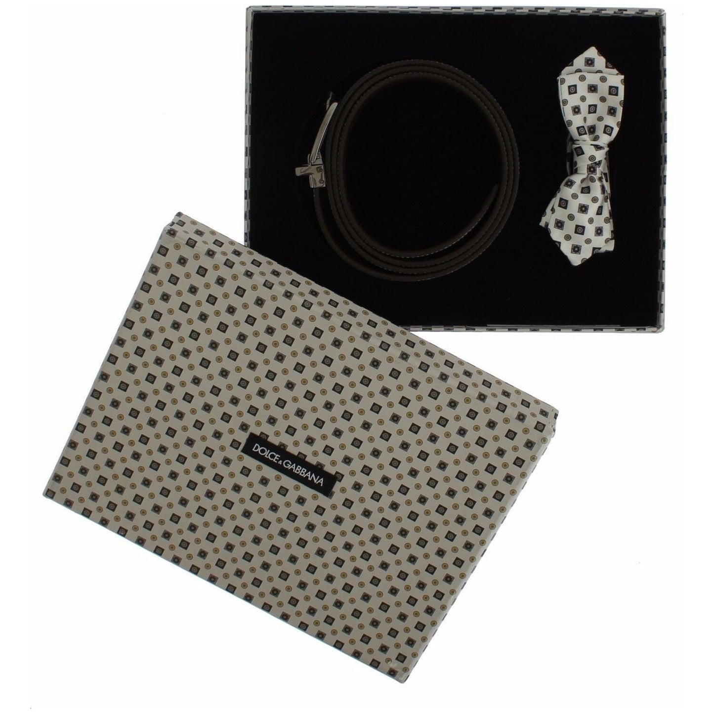 Dolce & Gabbana White Silk Bowtie Leather Men Belt Gift Box