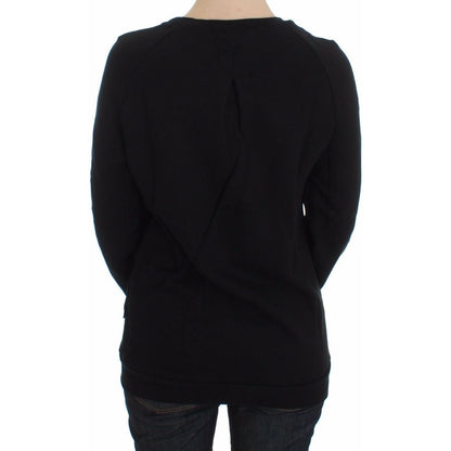 Exte Black Cotton Motive Print Crewneck Pullover Sweater Exte