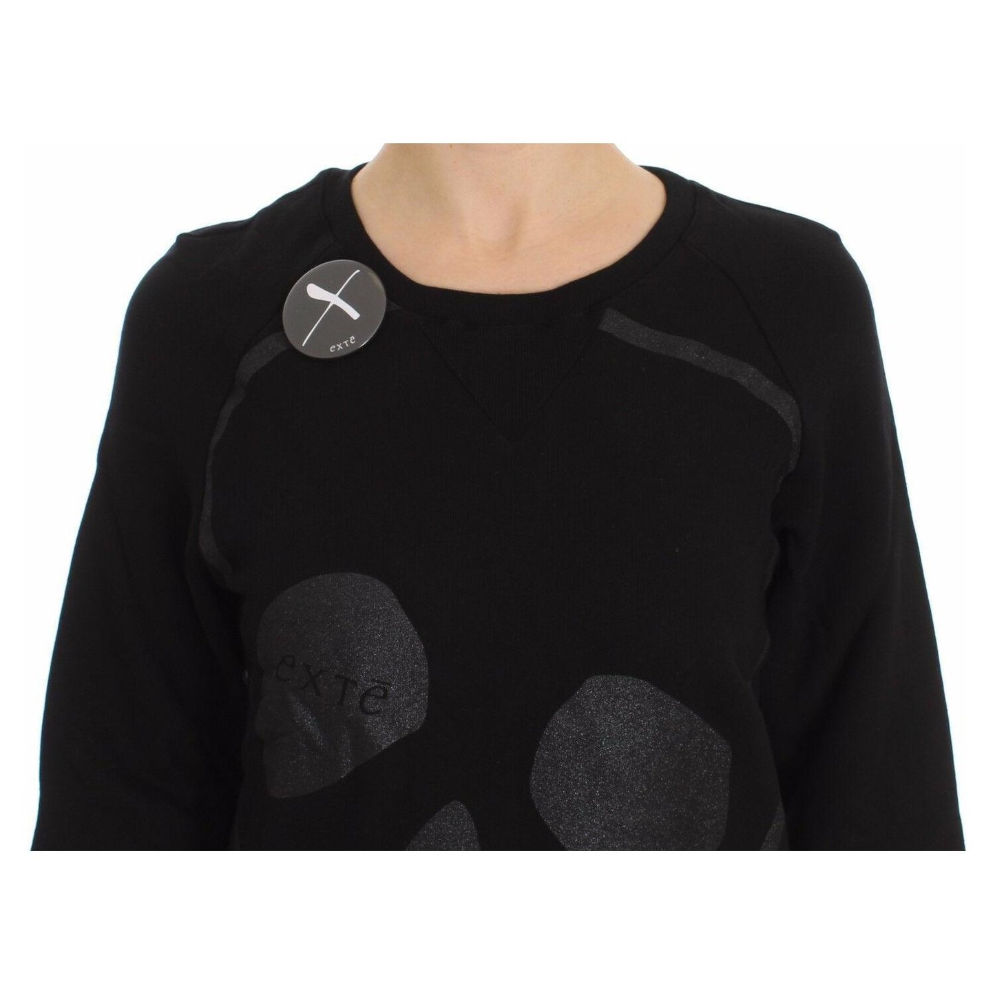 Exte Black Cotton Motive Print Crewneck Pullover Sweater Exte