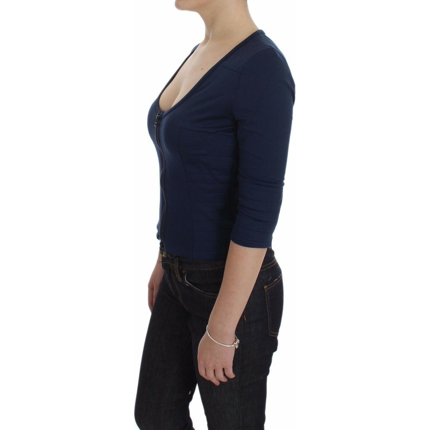 Exte Chic Zippered Crew-Neck Blue Sweater Exte