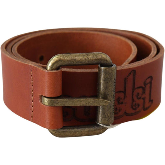Just Cavalli Brown Leather Logo Bronze Rustic Metal Buckle Belt Just Cavalli
