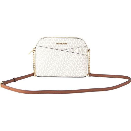 Michael Kors Jet Set Travel Medium Leather X Cross Dome Crossbody Handbag (Vanilla Signature/Gold) Michael Kors