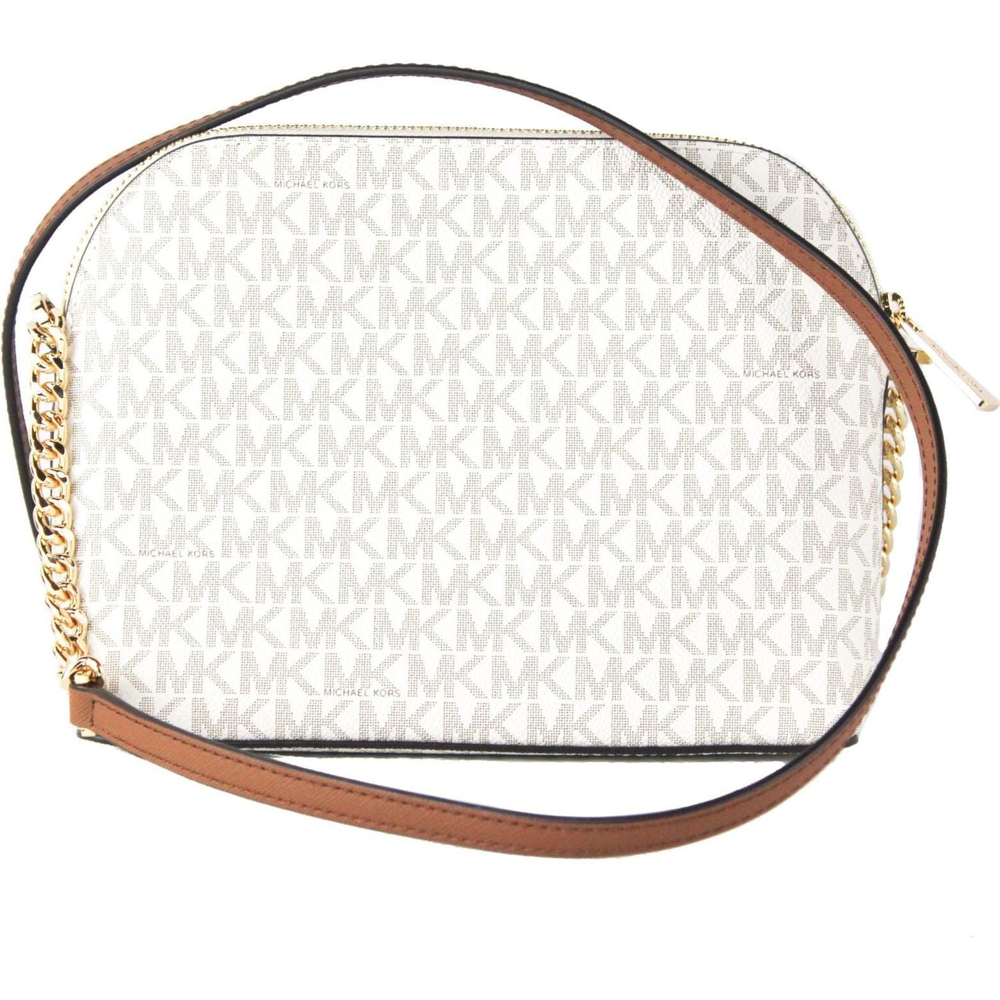 Michael Kors Jet Set Travel Medium Leather X Cross Dome Crossbody Handbag (Vanilla Signature/Gold) Michael Kors