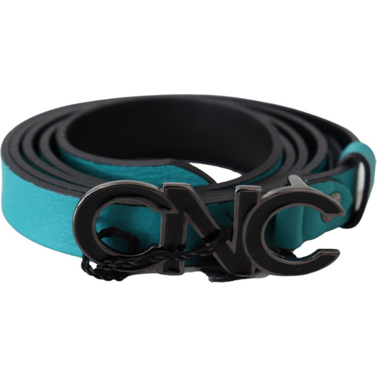 Costume National Blue Green Leather Logo Silver Buckle Belt