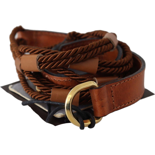 Scervino Street Brown Leather Braided Rope Gold Buckle Belt