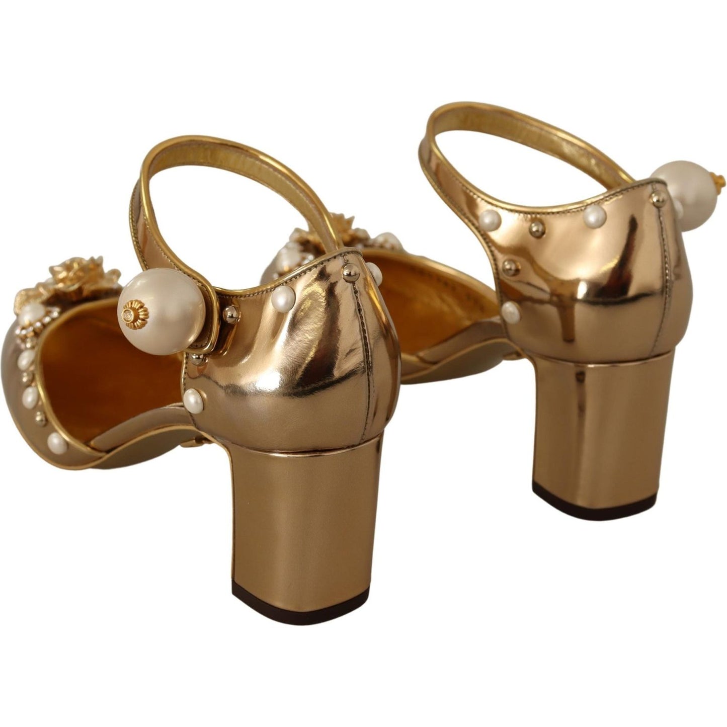 Dolce & Gabbana Elegant Gold Leather Block Heels with Crystals Dolce & Gabbana