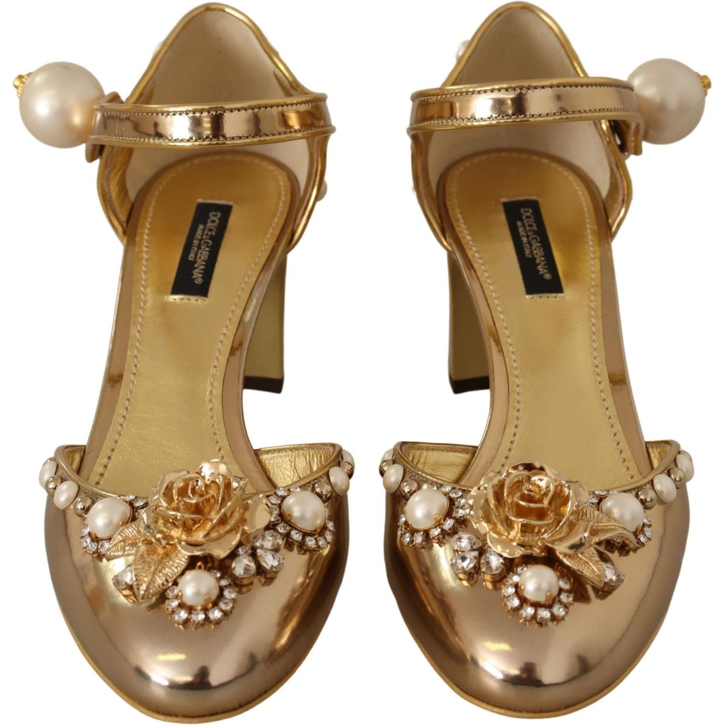 Dolce & Gabbana Elegant Gold Leather Block Heels with Crystals Dolce & Gabbana