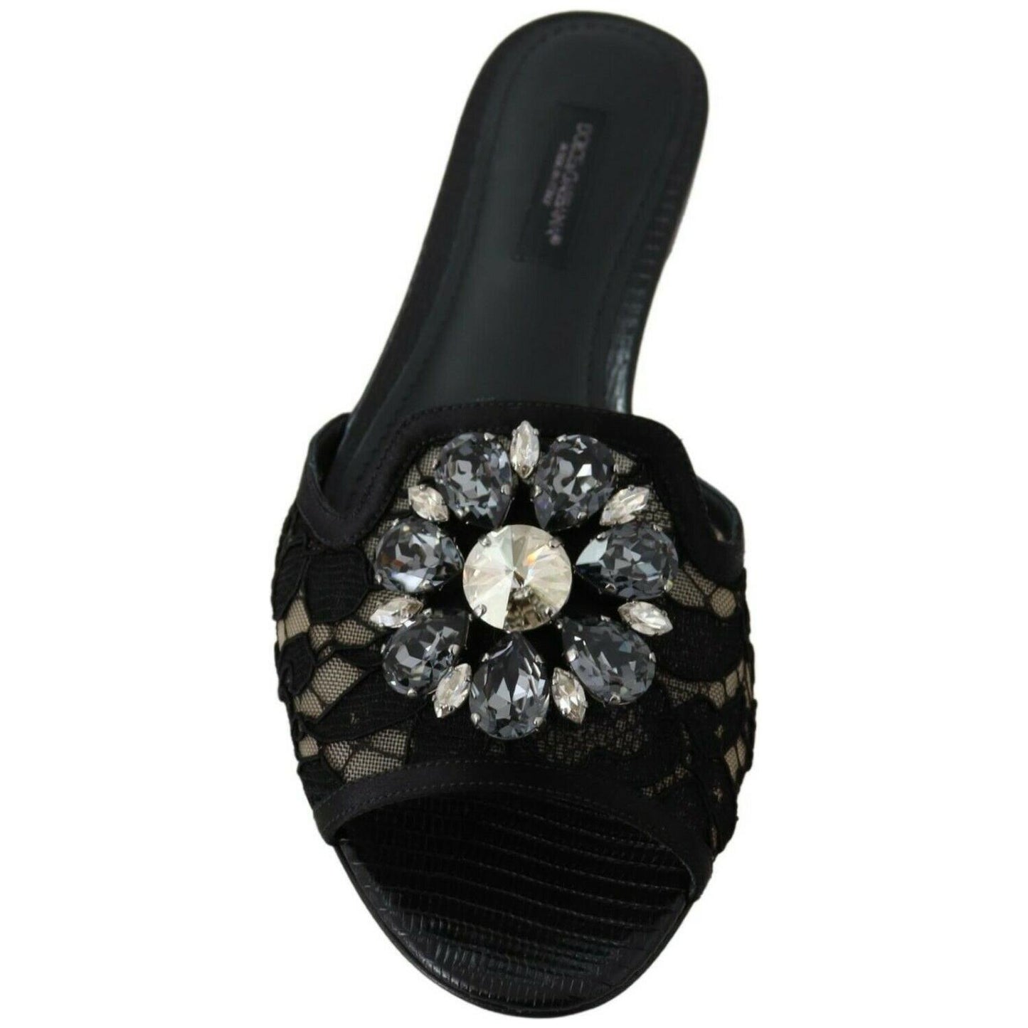 Dolce & Gabbana Black Taormina Lace Slides Crystals Flats Shoes