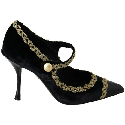 Dolce & Gabbana Black Embellished Velvet Mary Jane Pumps Shoes