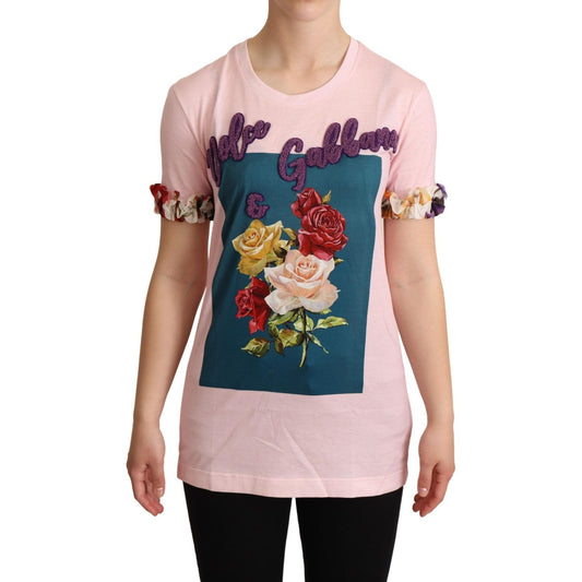 Dolce & Gabbana Pink Cotton Floral Roses Crewneck T-shirt