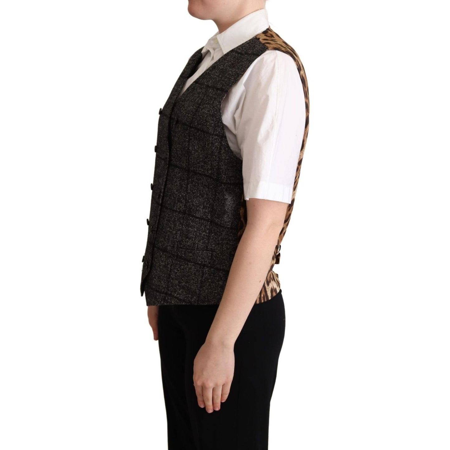 Dolce & Gabbana Gray Wool Leopard Print Waistcoat Vest