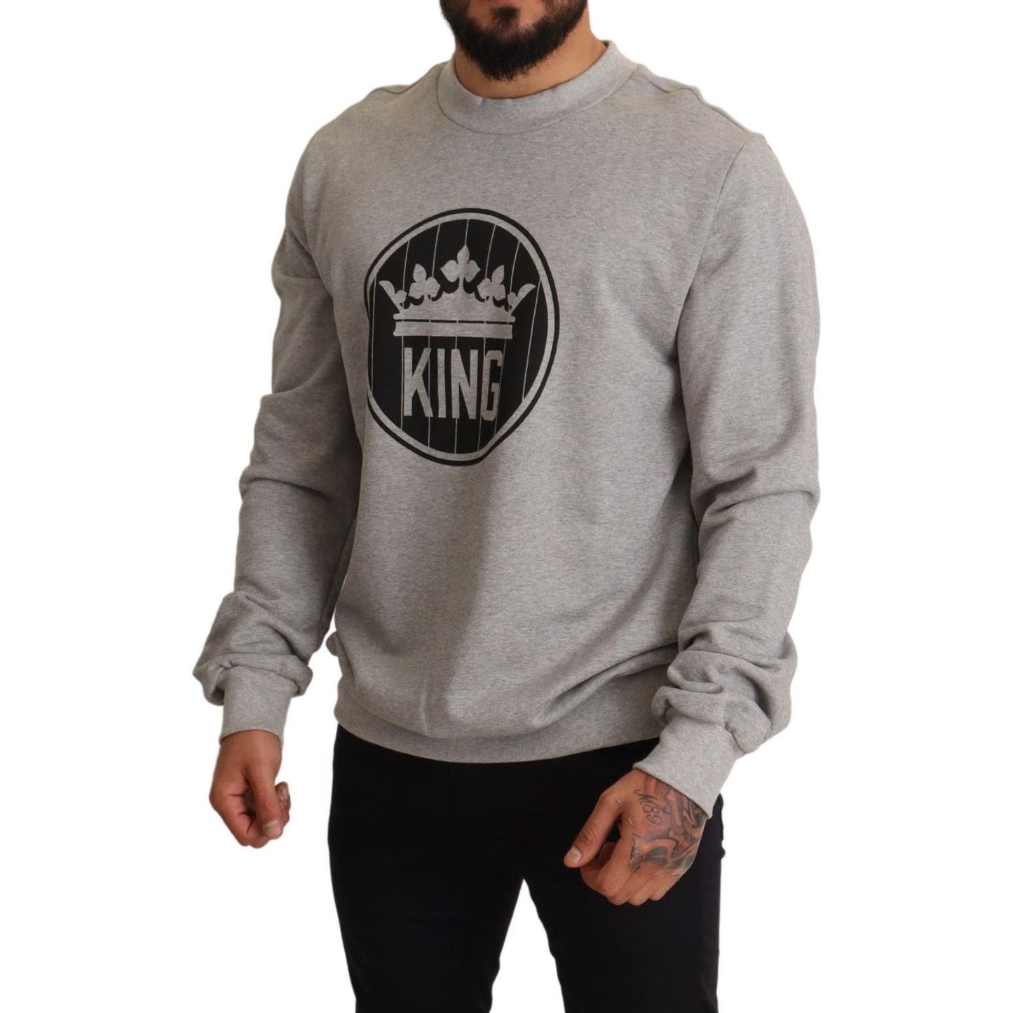 Dolce & Gabbana Gray Crown King Print Cotton Sweater