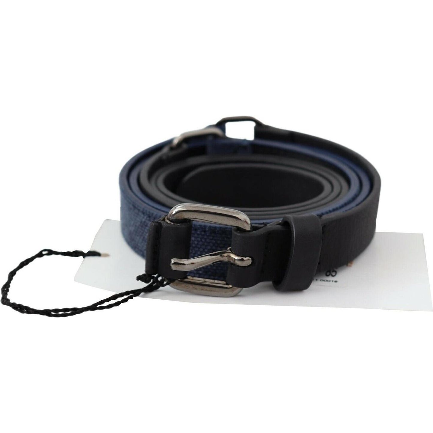 Costume National Black Blue Leather Silver Logo Belt