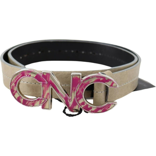 Costume National Beige Leather Pink Letter Logo Buckle Belt Costume National