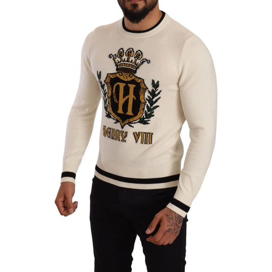 Dolce & Gabbana Elegant Snow-White Heraldic Cashmere Sweater Dolce & Gabbana