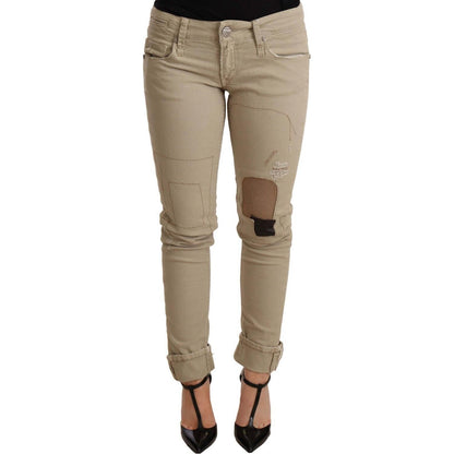 Acht Beige Denim Cotton Bottom Slim Fit Folded Pant Acht