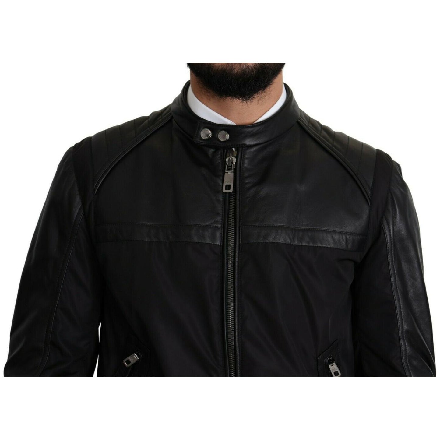 Dolce & Gabbana Elegant Black Bomber with Leather Accents MAN COATS & JACKETS Dolce & Gabbana