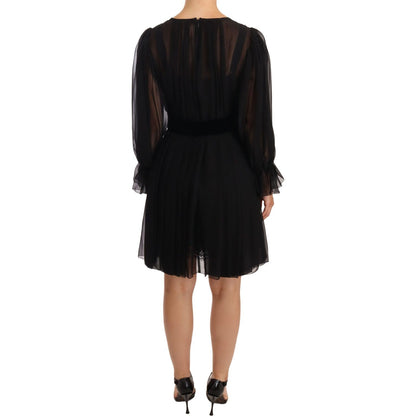 Dolce & Gabbana Black Mesh Pleated Mini Silk Stretch Dress
