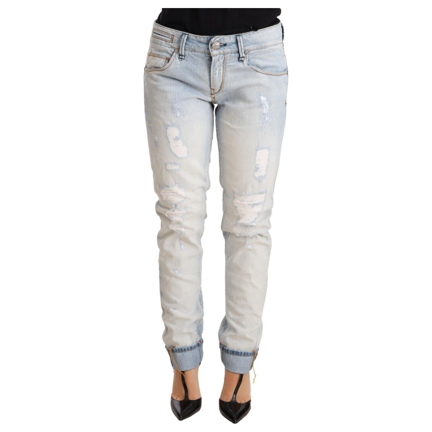 Acht Light Blue Distressed Cotton Folded Hem Denim Trouser Jeans Jeans & Pants