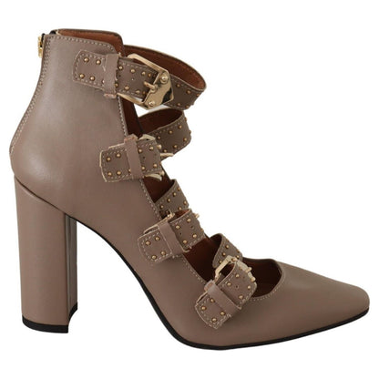 MY TWIN Brown Leather Block Heels Multi Buckle Pumps Shoes WOMAN PUMPS