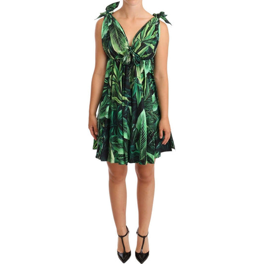 Dolce & Gabbana Elegant Flared Mini A-Line Dress in Green Leaf Print Dolce & Gabbana